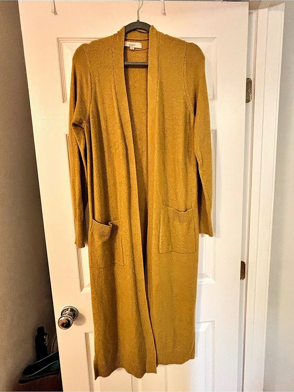 LOFT Pocket Duster Sweater Long Open Front Cardigan Yellow Medium